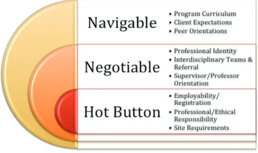 Figure 2. Simplified relational analysis map of navigable, negotiable, and “hot  button” tensions for counsellor education students