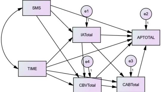 Figure 1. Conceptualized model. *SMS = number of social media sites registered with; TIME =  time spent on social media; IATotal = Internet addiction; CBVTotal = cyber victimization; 