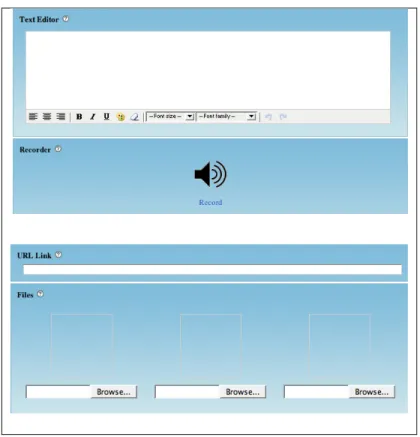 Figure   4:   Text,   Audio   recording,   URL   link   and   file   functions   in   ePEARL   Level   2    ePEARL scaffolds the student through setting goals and strategies, creating artifacts, and  reflecting upon them