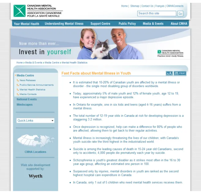 Figure 1. Screen capture of the Canadian Mental Health Association web site.  The third  bullet point contains the asked-for information