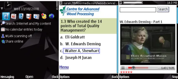 Figure 1: Smart Phone Screenshots showing: (Left) Shortcut Icons at Top; (Centre) Online  Quiz; (Right) YouTube© Streaming Video 