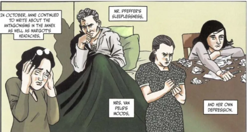 Fig 1. Third-person description and depiction of Anne’s depression, p. 96. Excerpts from ANNE FRANK: THE ANNE FRANK  HOUSE AUTHORIZED GRAPHIC BIOGRAPHY by Sid Jacobson and Ernie Colón