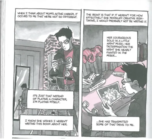 Figure 2. Alison at work on her memoir from: Bechdel, Alison. Are You My Mother?, 2012, p