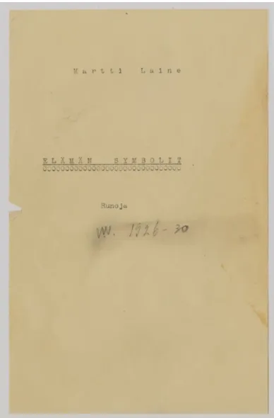 Fig. 2: The cover page of the manuscript of Elämän symbolit by Martti Larni. SKS KIA. 