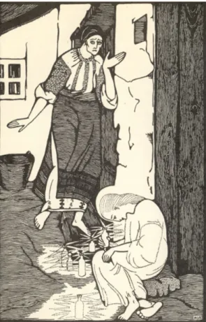 Fig. 10: Nadia Grossman-Bulyghin, “‘What are those bottles?’ asked her mother”, illustration  from “Copila Soarelui” (“The Sun-Child”), Poveşti de Maria Regina României (București: 