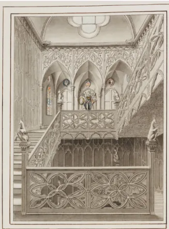 Fig. 2: John Carter, The Staircase at Strawberry Hill, 1788, in 33 30 copy 11 Folio. Courtesy of  the Lewis Walpole Library,  Farmington, CT.