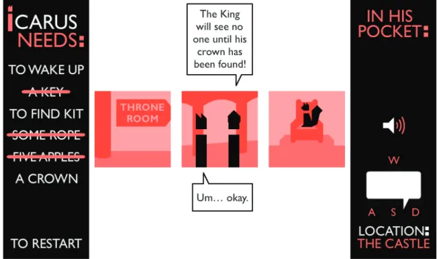 Figure 4 A screenshot from Goodbrey’s Icarus Needs. The user is prompted to explore the panels and find a crown to proceed  further