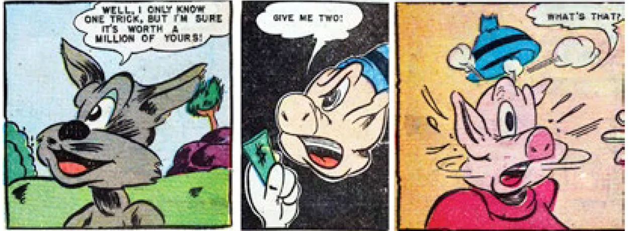 Fig. 4: Lee Sherman, Left: “The Cat and the Fox,” Catholic Comics vol. 2, #2, November 1947; Center: “Pudgy Pig,” 