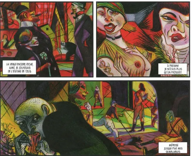 Fig. 4: Mattotti returns to the prostitutes in Grande Ville, but the drawing style deteriorates, mirroring Jekyll’s declining mental state; 