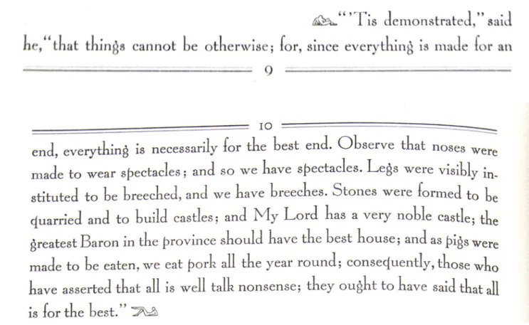 Figure 5. Textual dingbats (p. 9-10), Candide (Random House, 1928), copy no. 84. Private collection.