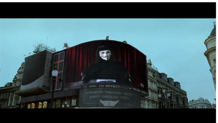 Fig. 6. Revolutionary media guerilla: Screenshot from V for Vendetta (00:18:17) (fair use)