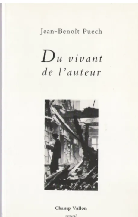 Fig. 2 – Page de couverture de Jean-Benoît   Puech,  Du   vivant   de   l’auteur,   Seyssel,  Champ Vallon, « Recueil », 1990