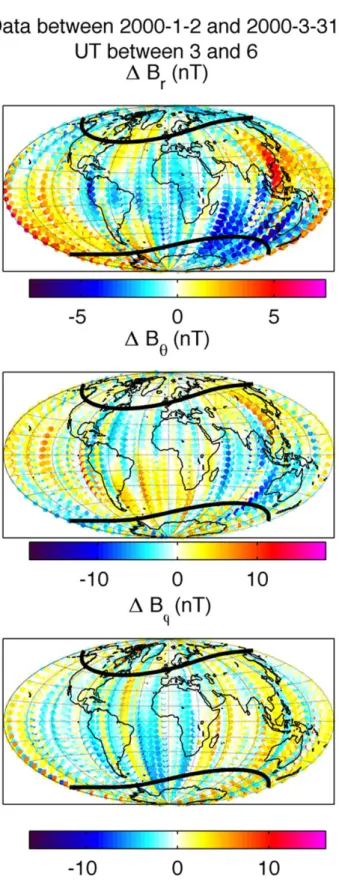 Fig. 7. Example of data residual maps, AR2 test. The parallels of dipole latitudes ± 55 ◦ are represented as thick black lines.
