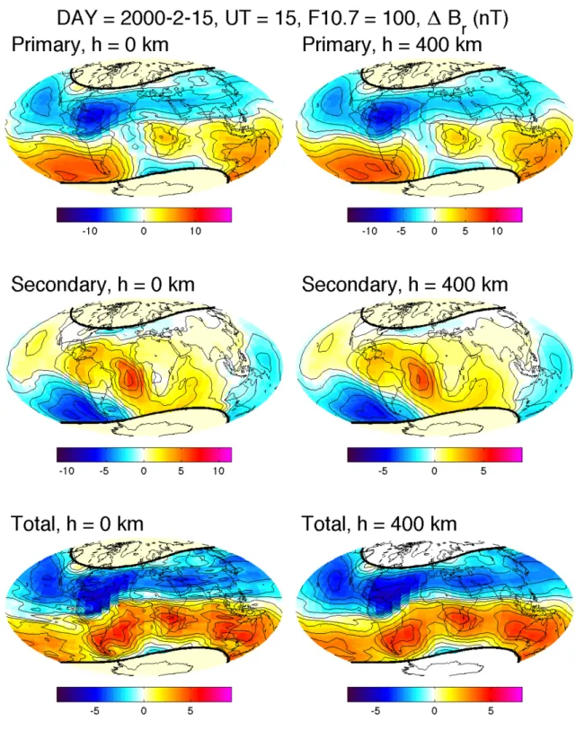 Fig. 9. Example of maps showing ﬁeld differences, AR2 test. The parallels of dipole latitudes ± 55 ◦ are represented as thick black lines.