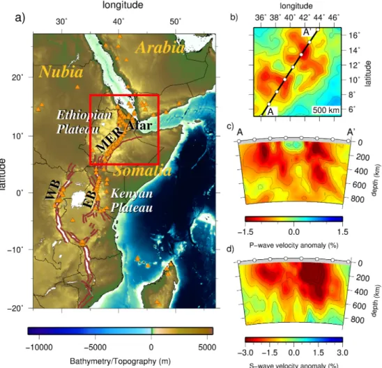 Figure 1. Study area and tomography. (a) The East African Rift region comprising the Afar region, the Main Ethiopian Rift (MER), and eastern and western branches (EB, WB) south of the study area (red box)
