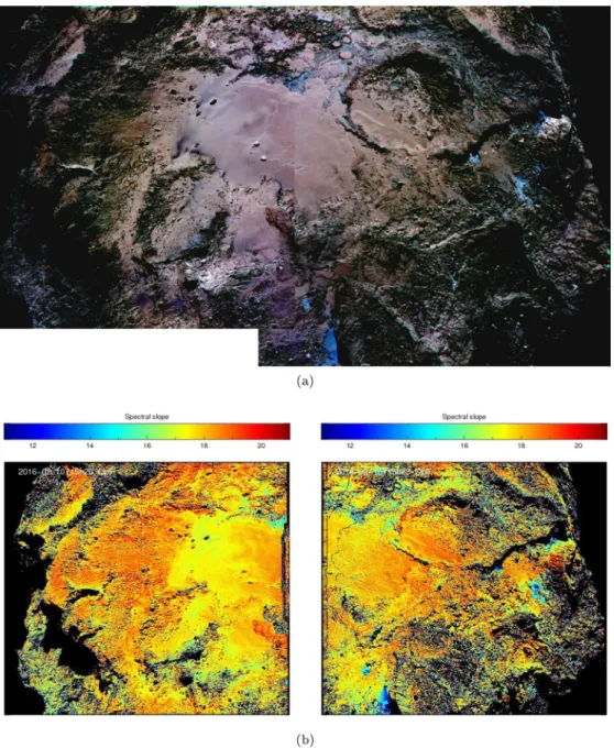 Figure 4. Composition of NAC 2016 February 10 UT 15:20 and 15:28 colour sequences revealing the Imhotep region and the regions of interest of this study