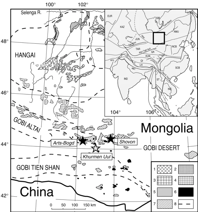 Figure 1. Simplified map of Late Mesozoic–Cenozoic volcanic fields in Southern and Central Mongolia (after Kovalenko et al