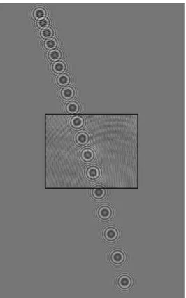 Fig. 4. Superposition of a real hologram (in the box) with the model synthetised with the 18 detected particles by the algorithm (14 are outside of the field of view)
