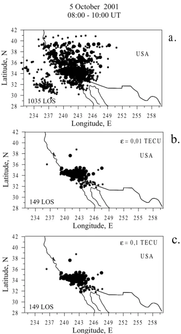Fig. 4. Geometry of the experiment on detection of TECS on 5 Oc- Oc-tober 2001 in California, USA, from 08:00 to 10:00 UT