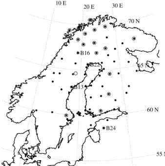 Fig. 1. BEAR sites in summer 1998. IMAGE magnetometer stations operating at that time are marked with circles (Svalbard excluded)