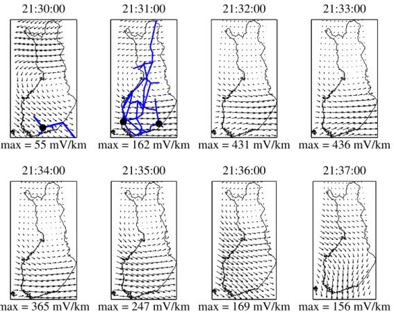 Fig. 6. Comparison of the sum of the absolute values of geomagnetically induced currents in the nodes of the Finnish high-voltage power system (April 11, 2001 and November 6, 2001), as calculated with the complex image method (black line) and the local 1D 