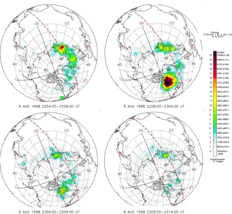 Fig. 4. Five minute integrations of X-rays with energies in the interval 7.40–20.1 keV from PIXIE on 6 August 1998, covering 22:54–