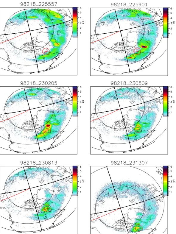 Fig. 5. UVI images with a geographic coordinate grid showing 50 ◦ and 70 ◦ latitude. The images are 36 s integrations in the LBHl band with time stamps marking the beginning of this interval