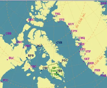 Fig. 6. Map of arctic Canada and western Greenland. Locations of magnetometer stations are indicated with filled circles, those in dark blue provided data shown in this paper, those in violet are included for completeness