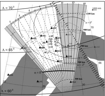 Fig. 1. The experimental setup in Northern Scandinavia show- show-ing the near (r&lt;1200 km) fields of view of the CUTLASS (grey) and STARE (white) Finland radars