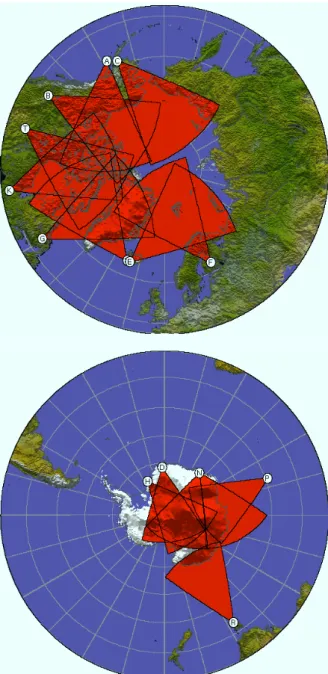 Fig. 1. Maps showing the fields of view of the SuperDARN radars in the Northern Hemisphere (top panel) and Southern Hemisphere (bottom panel)