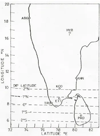 Fig. 2. The map showing the location of geomagnetic observatories and of the iso dip line of + 1, + 2 and 0 degrees in the Indo-Sri Lanka longitude sector