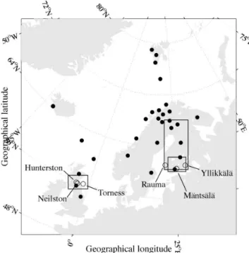 Fig. 1. IMAGE and SAMNET magnetometer array station locations (black dots) and the GIC measurement sites in the Scottish  (Hunter-ston, Neil(Hunter-ston, Torness) and Finnish (Rauma, Yllikk¨al¨a) power  sys-tems and in the Finnish natural gas pipeline (M¨a