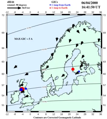 Fig. 4. GIC at the Scottish and Finnish power transformer neutrals and in the Finnish pipeline on 7 April 2000