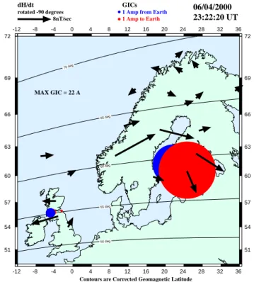 Fig. 10. The time derivatives of the X-component of the ground ge- ge-omagnetic field on 6 April 2000 at some of the IMAGE and  SAM-NET stations