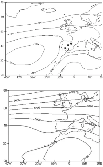 Fig. 4. (a) SLP and Z 500 field for 19 July 1989, corresponding to a selected southern flux situation