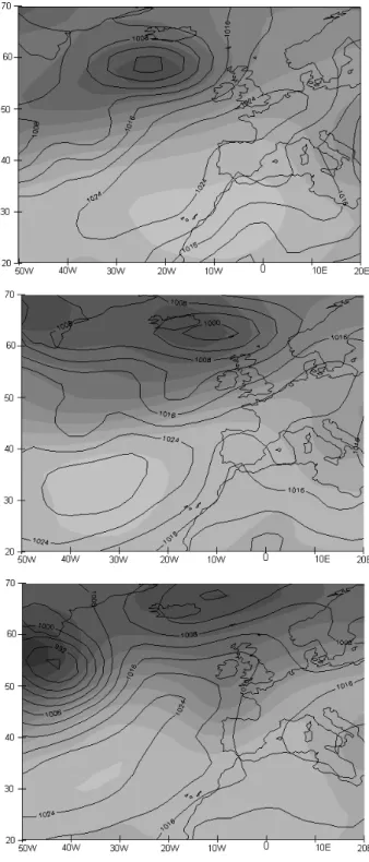 Figure 6 shows the maximum temperature evolution. Fig- Fig-ure 7 represents SLP and 500 hPa geopotential height fields at 12:00 UT for 3, 5 and 7 August 1991