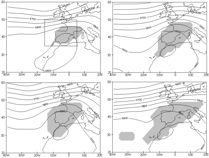 Fig. 10. (a) Z 500 composites (June to September) for the period of 1955–1965. Shadowed area represents values with anomalies higher than one standard deviation