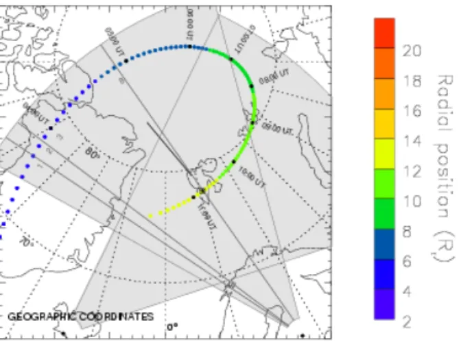 Fig. 2. Plot showing the geographical coverage of the ground-based instrumentation employed in this study, together with the  magneti-cally mapped footprint of the Cluster 1 spacecraft