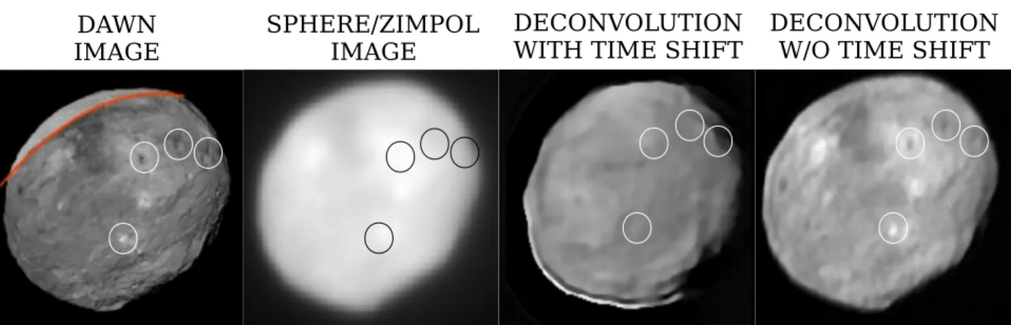 Figure 1. From left to right: (i) Image of the asteroid VESTA obtained with the DAWN probe, (ii) Image of VESTA obtained in R-band with the SPHERE/ZIMPOL instrument, (iii) Result of the deconvolution using a PSF measured 10 mn after the observation, (iv) R