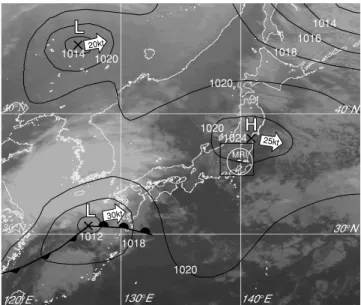 Fig. 3. Surface isobars superimposed over GMS-5 visible imagery from 15:00 JST on 29 December 1997