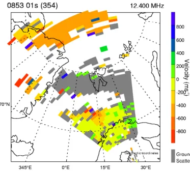 Fig. 5. Line-of-sight velocity components measured by the UK Su- Su-perdarn radar (CUTLASS) located in Finland on a geographic  co-ordinate grid at about 08:53 UT on 20 December 1998