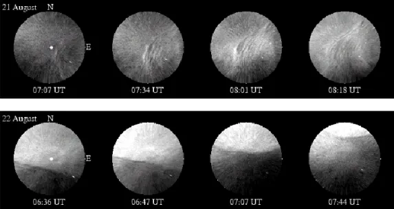 Fig. 11. Examples of mesospheric structures seen in geometrically-corrected 557.7 nm images