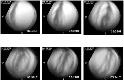 Fig. 3. Examples of eastward moving 630.0 nm airglow depletions during a 1-h period for two of the cases shown in Fig