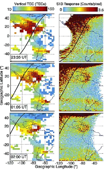 Fig. 7. GPS TEC (left panel) and IMAGE FUV (right panel) mea- mea-surements during the large geomagnetic storm of 29–30 May 2003.