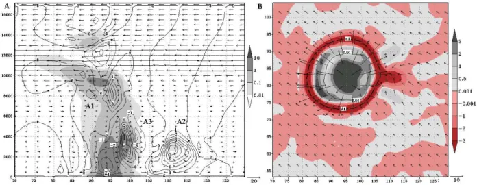 Fig. 10. (A) Same as Fig. 1 except for Sim3 RH at 44 min. (B) Same as Fig. 3 except for Sim3 RH at 44 min.