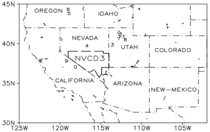 Fig. 1. Locations of the Nevada Climate Division 3 (NVCD3) and 10 numbered sites that are mentioned in Sects