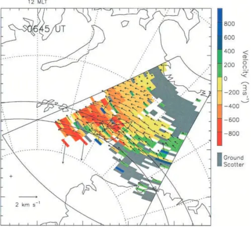 Fig. 11. Velocity ®eld for 06:45 UT on December 16th 1998, as derived from the CUTLASS Finland radar data, using a beam-swinging technique