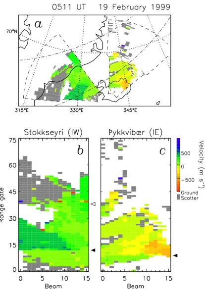 Fig. 10. (a) IW and IE fields of view from 05:11 UT, 19 February 1999, presented in a geographic coordinate frame