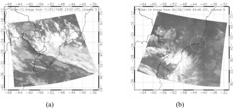 Fig. 2. NOAA satellite image for: (a) 10 January 1995, and (b) 9 August 1996. The circles indicate the location of the Cabo Frio region.
