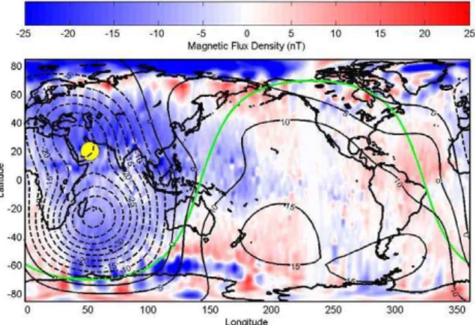 Fig. 4. Sq magnetic daily variation in CHAMP satellite total inten- inten-sity magnetic data at 12:30 UT shown as a red-blue surface plot.